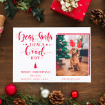 Dear Santa Christmas Boy | Girl Dog Custom Photo Holiday Card<br><div class="desc">Celebrate the season with our "Dear Santa Christmas Boy | Girl Dog Custom Photo" holiday card, a perfect way to share festive cheer. This card features modern customisable red script text on a crisp white background, your custom names, and a charming photo of your dog framed in a bold, Christmas-red...</div>