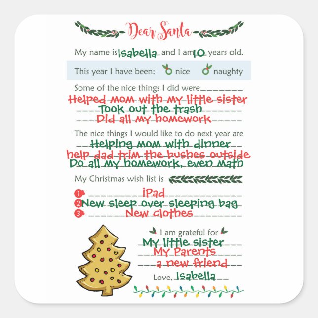 Dear Santa Christmas Letter Square Sticker (Front)