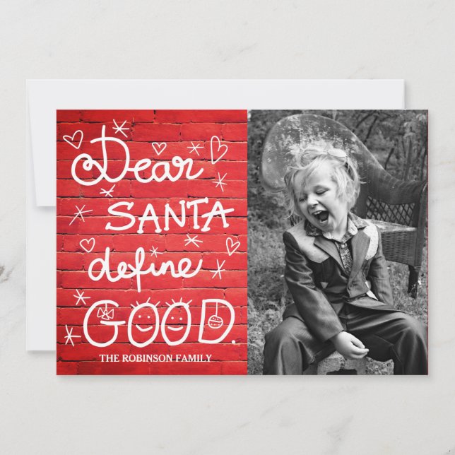 Dear Santa define good script Photo Red brick Holiday Card (Front)
