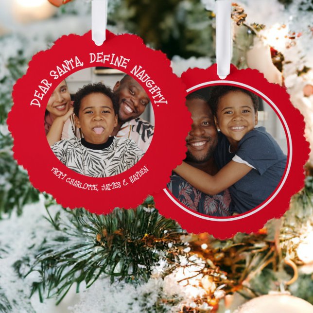 Dear Santa Define Naughty Photo Christmas Tree Decoration Card (Dear Santa Define Naughty Photo Christmas Ornament Card from Ricaso. Bold red and white photo cards)