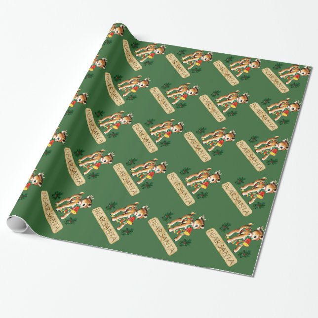 Dear Santa Green Red-Nosed Reindeer Wrapping Paper (Unrolled)