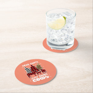 Dear Santa Just Bring Cows Christmas Buffalo Plaid Round Paper Coaster
