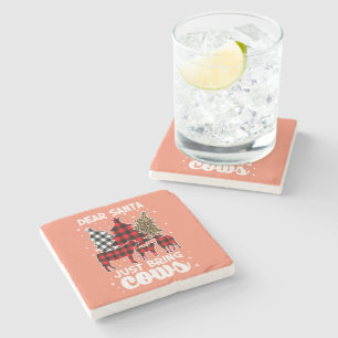 Dear Santa Just Bring Cows Christmas Buffalo Plaid Stone Coaster