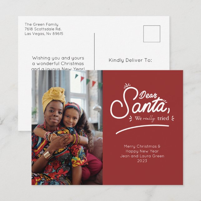 Dear Santa, We Really Tried Photo Holiday Postcard (Front/Back)