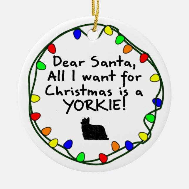 Dear Santa Yorkie Ceramic Ornament (Front)
