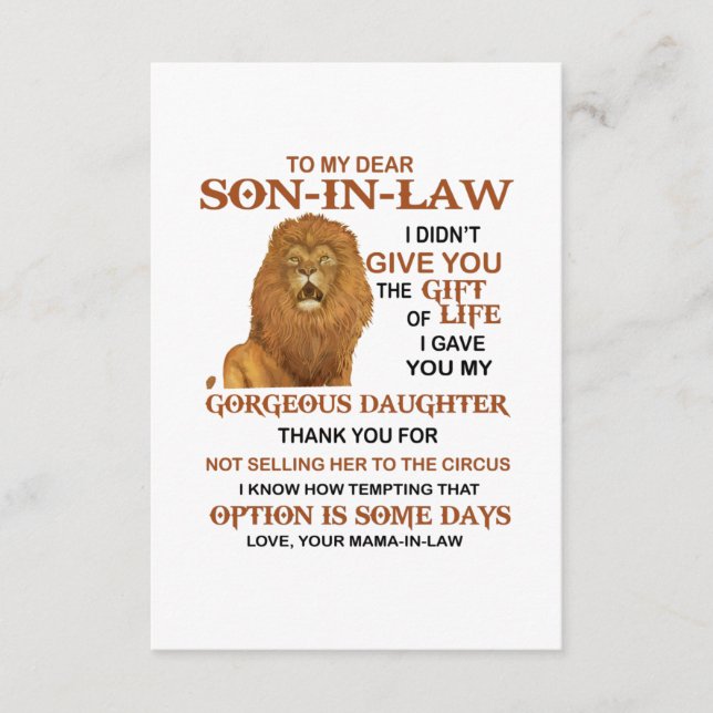 Dear Son-In-Law I Gave You My Gorgeous Daughter Enclosure Card (Front)