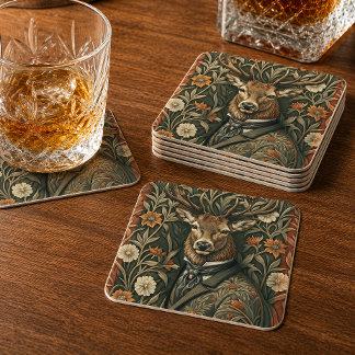Dear Stag in Vintage Clothing Magic Woodland Square Paper Coaster