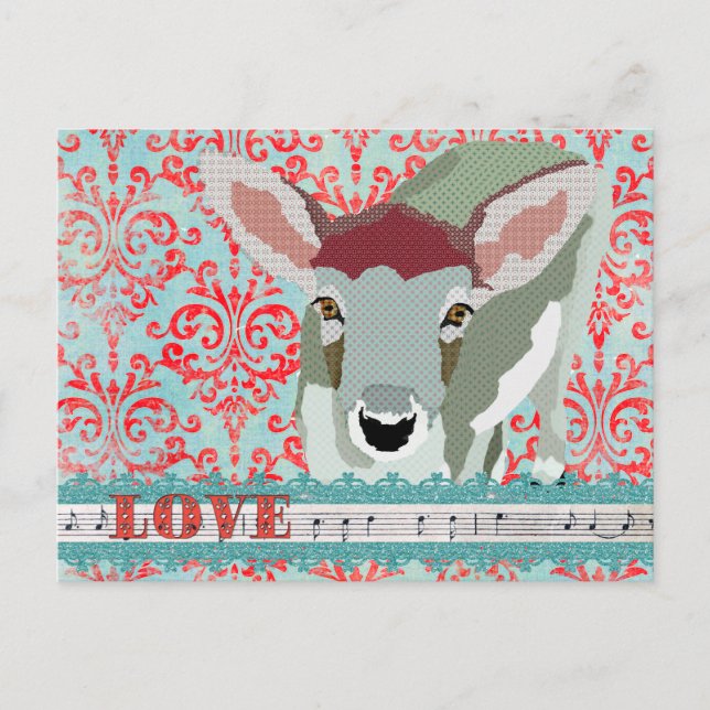 Dearly Deer Red & Turqoise Love  Damask  Postcard (Front)