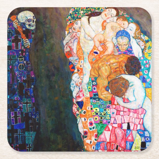 Death and Life, Gustav Klimt Square Paper Coaster (Front)