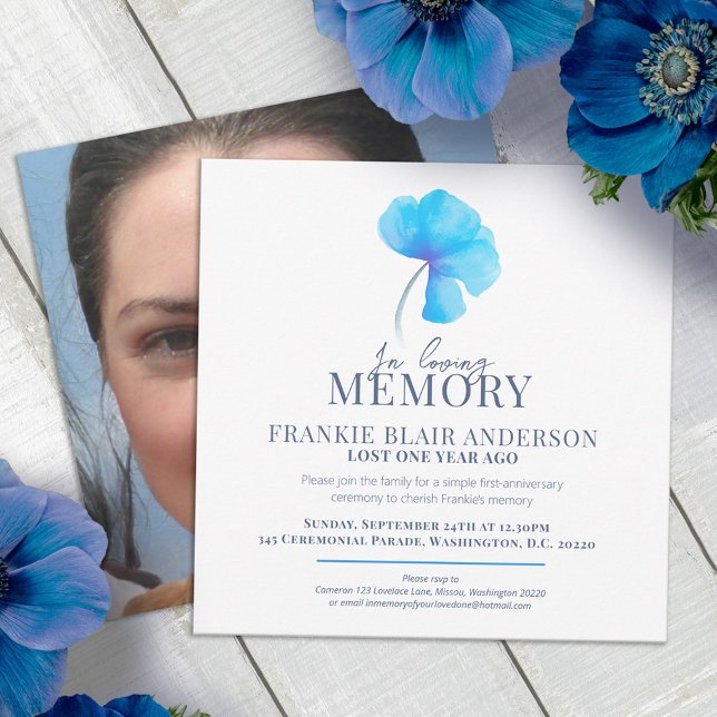 Death Anniversary blue watercolor flower photo Invitation (Creator Uploaded)