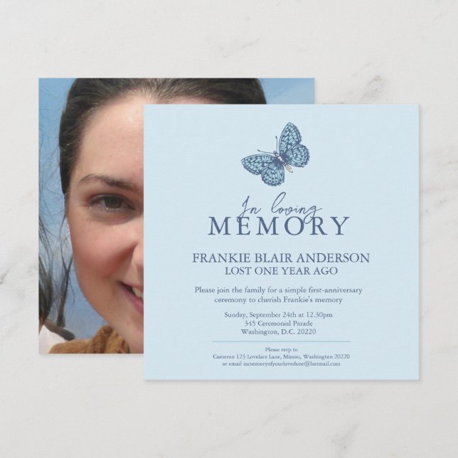 Death Anniversary blue white butterfly photo Invitation (Front/Back)