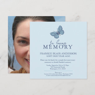 Death Anniversary blue white butterfly photo Invitation