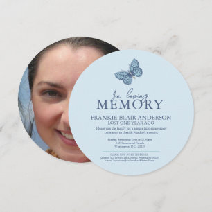 Death Anniversary blue white butterfly photo round Invitation