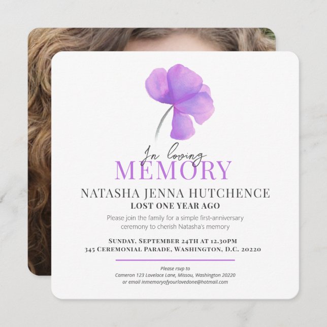 Death Anniversary purple watercolor flower photo Invitation (Front/Back)