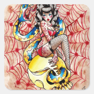Death Becomes Her Pin Up Girl Tattoo Flash Square Sticker