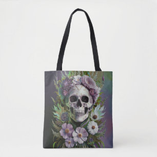 Death by Lilac, Purple Flowers and Gothic Skull Tote Bag