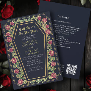 Death Do Us Part Gold Blue Gothic Wedding QR Code Invitation
