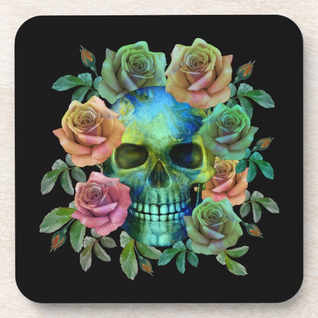 DEATH GREEN SKULL WITH FLOWERS COASTER (Front)
