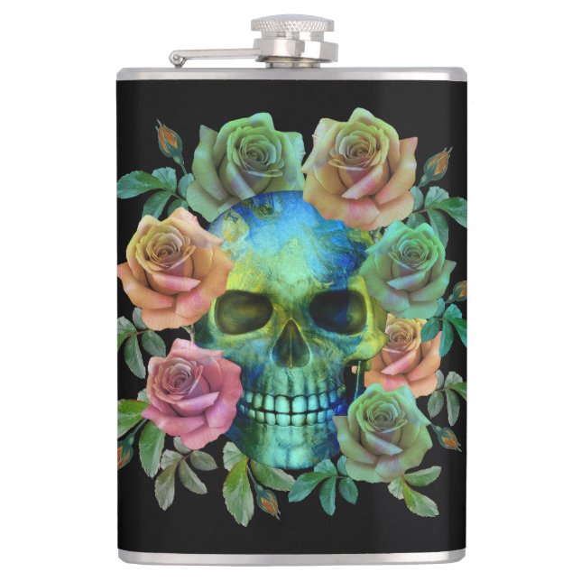 DEATH GREEN SKULL WITH FLOWERS HIP FLASK (Front)