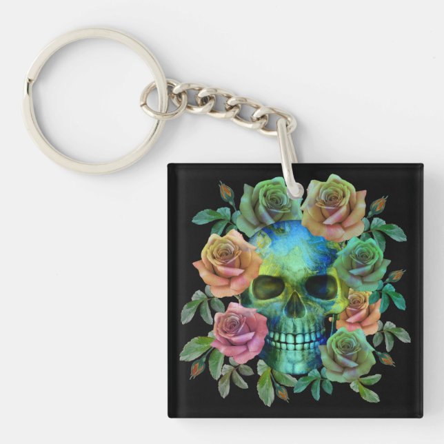 DEATH GREEN SKULL WITH FLOWERS KEY RING (Front)