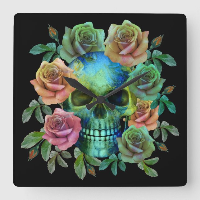 DEATH GREEN SKULL WITH FLOWERS SQUARE WALL CLOCK (Front)