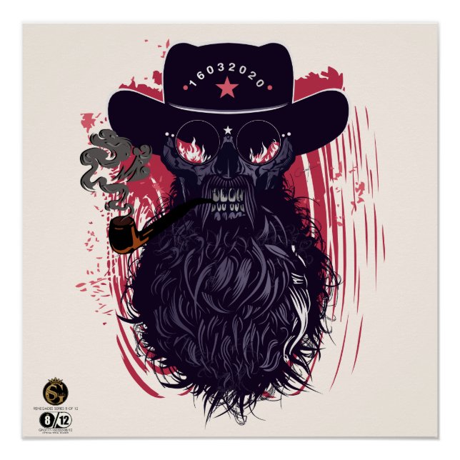 Death head hipster skulls cowboy smoke pipe poster (Front)