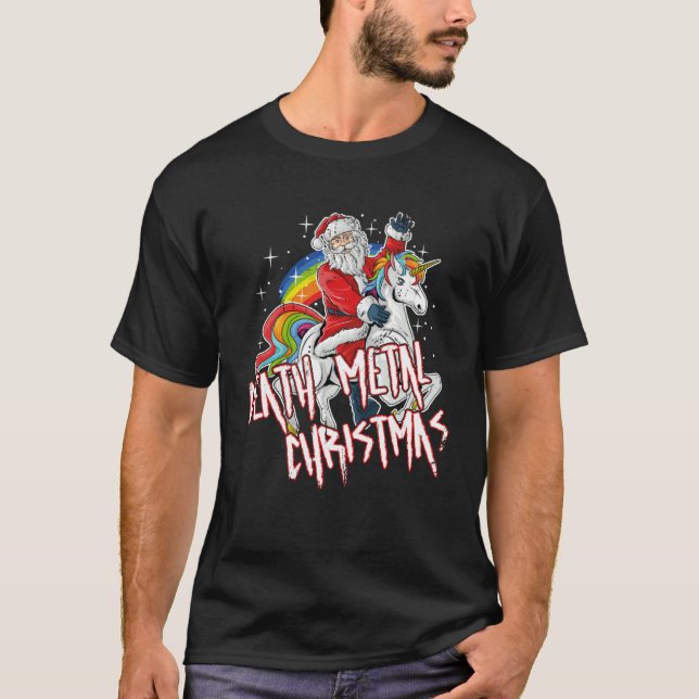 Death Metal Christmas Santa Riding a Unicorn T-Shirt (Front)