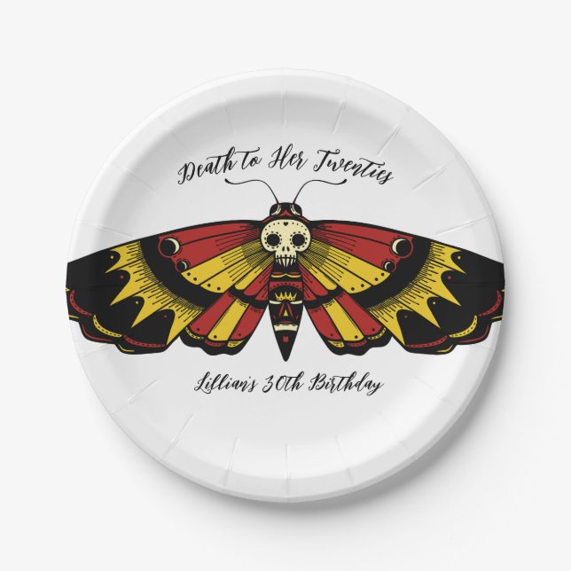 Death to 20s Birthday Moth and Skull Design Paper Plate (Front)