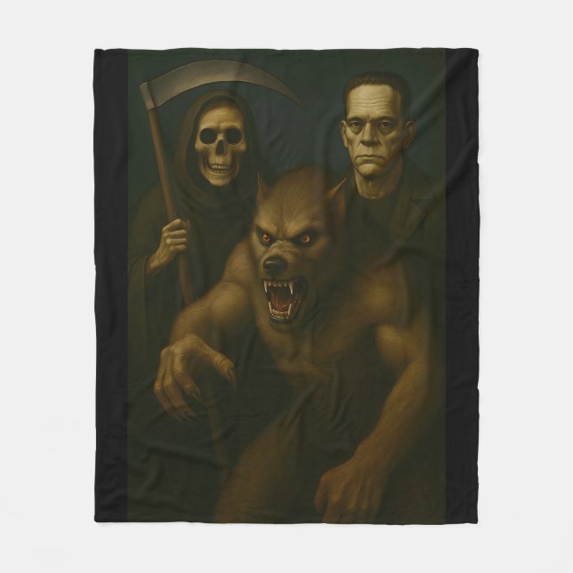 Death, Werewolf & Frankenstein "window display" Fleece Blanket (Front)