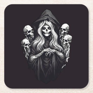 Death with skulls square paper coaster