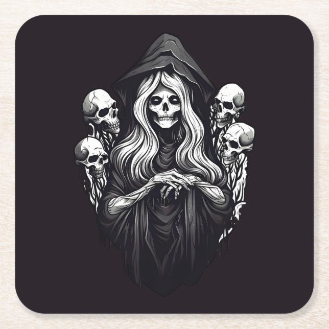 Death with skulls square paper coaster (Front)
