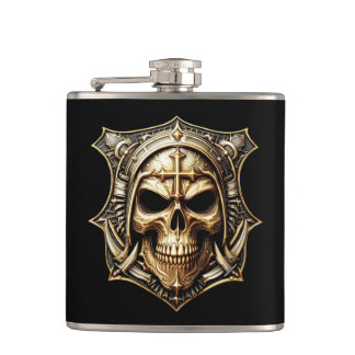 Deathmetal Totenkopf Gold Shield Hip Flask