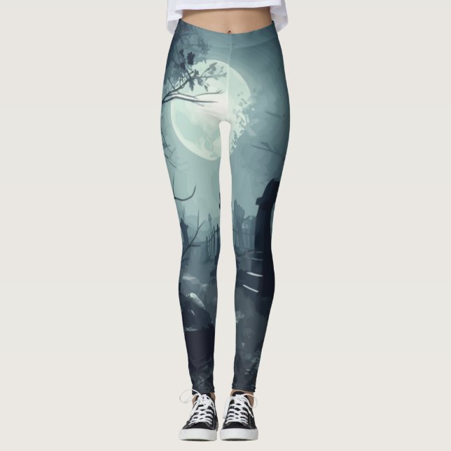 Death's Domain: A Spooky Cemetery View Leggings (Front)
