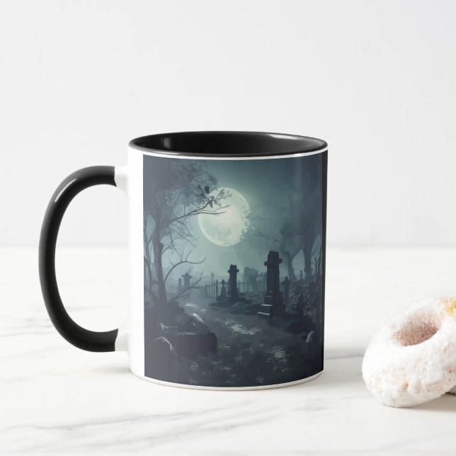 Death's Domain: A Spooky Cemetery View Mug (With Donut)