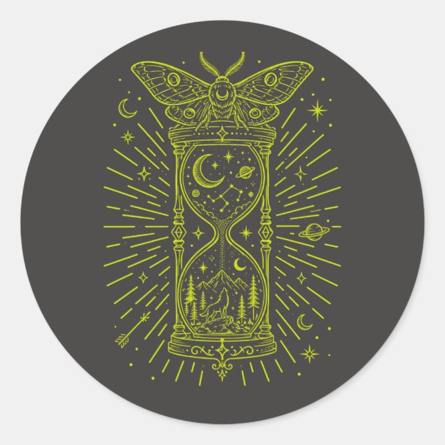 Death's Head Moth Hourglass Celestial Wolf Howling Classic Round Sticker (Front)