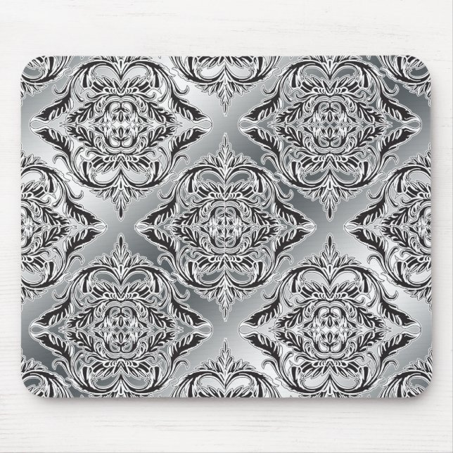 Debonair Damask Black, White, Silver Mouse Pad (Front)