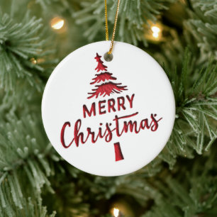 Debossed "Merry Christmas" Tree Text on White Ceramic Ornament