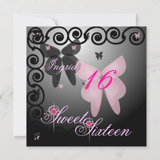 Debutant Butterfly Sweet Sixteen Pink/Black Invit. Invitation (Front)