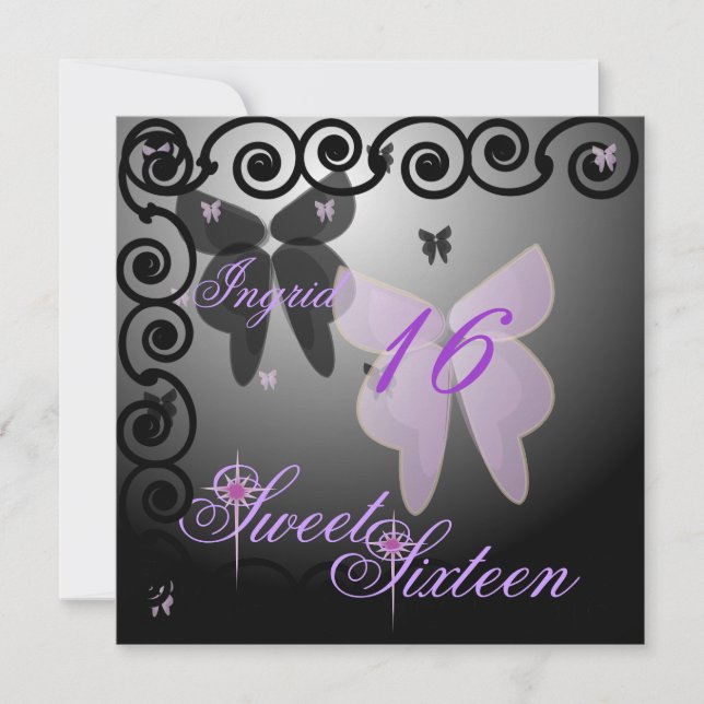 Debutant Butterfly Sweet Sixteen Purpl/BlackInvit. Invitation (Front)