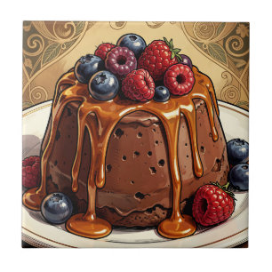 Decadent Chocolate Caramel Berry Cake Ceramic Tile