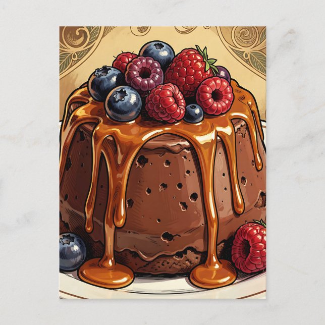 Decadent Chocolate Caramel Berry Cake Postcard (Front)