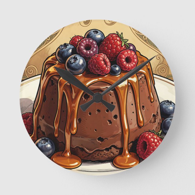 Decadent Chocolate Caramel Berry Cake Round Clock (Front)