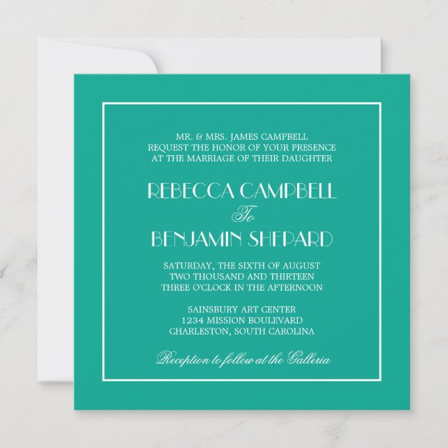 Decadent Deco elegant chic formal teal wedding Invitation (Front)