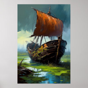 Decaying Wooden Boat's Surrender to the Swamp Poster
