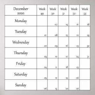 december 2020 planner calendar with week number poster