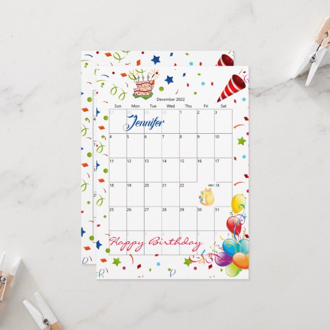 December 2022 Calendar Happy Birthday Invitation  (Front/Back In Situ)