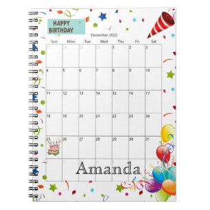 December 2022 Calendar Happy Birthday Notebook