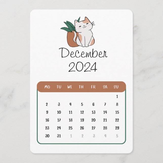 December 2024 Stand Alone Cat And Plant Calendar Menu (Front)