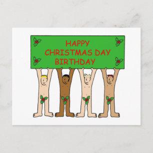 December 25th Birthday Fun Men With Holly Postcard