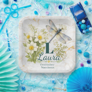 December Birth Flower Narcissus & Dragonfly Paper Plate